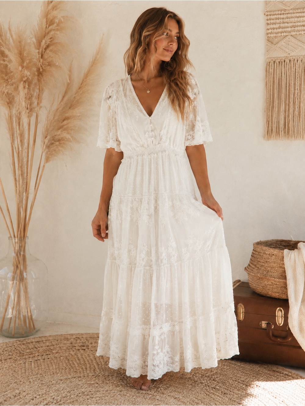Bohemian Lace V-Neck White Maxi Dress